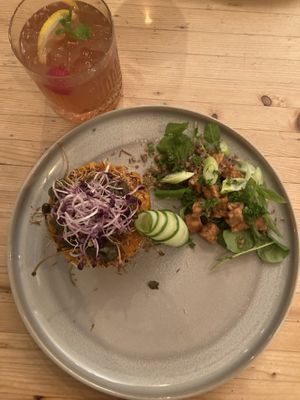 Kataifi pie:
Savory kataifi pie of pumpkin, almond and parsnip, with crunchy capers and chestnut tempeh crumble  at VanPlanten in Utrecht