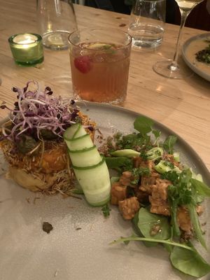 Kataifi pie:
Savory kataifi pie of pumpkin, almond and parsnip, with crunchy capers and chestnut tempeh crumble  at VanPlanten in Utrecht