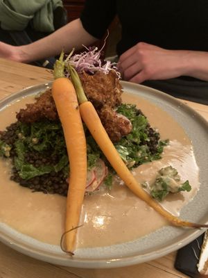 Oyster mushroom miso beurre blanc:
Crispy oyster mushrooms, pecan kale salad, beluga lentils, sweet and sour carrots with miso beurre blanc  at VanPlanten in Utrecht
