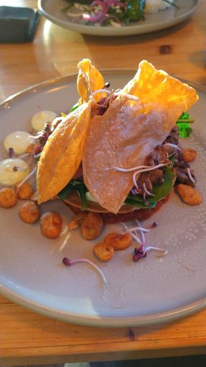 Tostadatoren met salsa, refried beans, rauwkost en avocadomayonaise at VanPlanten in Utrecht