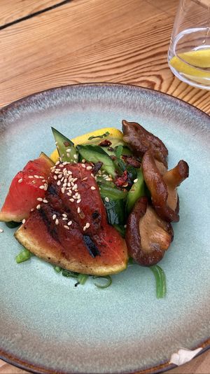 Glazed shiitake mushroom with grilled watermelon and cucumber-wakame salad: great refreshing starter  at VanPlanten in Utrecht