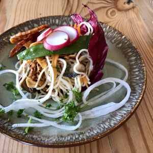 Glass noodles, sugar snaps, shredded carrot, crispy lotus roots and pulled oyster mushrooms.  at VanPlanten in Utrecht