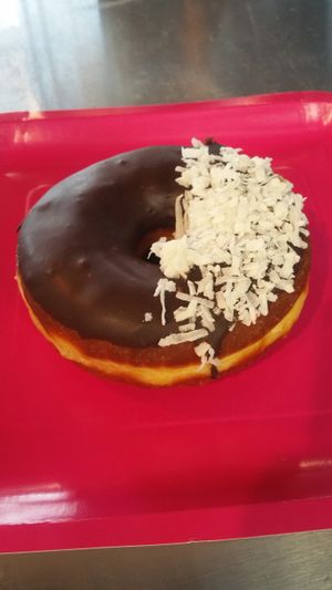 Yeast donut with chocolate and toasted coconut  at Lêberry Bakery in Pasadena