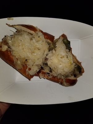 Top view sausage with sauerkraut at Vegan Brüder in Fort Lauderdale