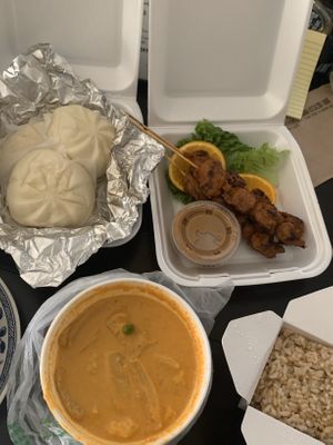 Steam buns (highly recommend!), satay, pineapple curry, and brown rice at Wheel of Life in Irvine