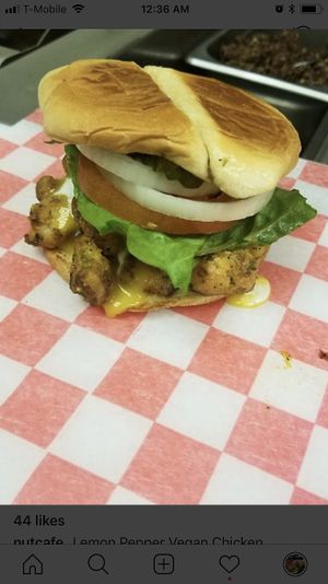 Vegan wet lemon pepper chicken burger. at Nut Cafe in Jonesboro