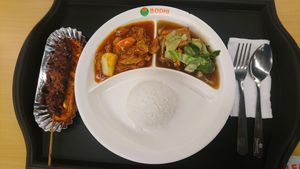 Vegan kaldereta + tofu with mushroom adobo rice meal and 1pc BBQ at Harvesters Vegetarian in Metro Manila
