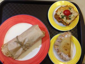 Burrito with bbq-soya-meat, lasagne, sweet apricot dessert (around 200 P) at Lyublyu i Blagodaryu in Yekaterinburg
