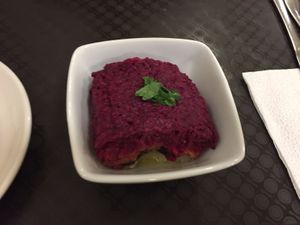Layered salat with beetroot, carrots, potato and vegan fish (with algae) at Lyublyu i Blagodaryu in Yekaterinburg