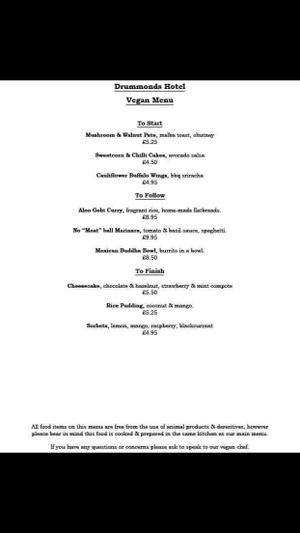 Current menu available (cheesecake changes on a weekly basis)  at Drummonds Hotel in Markinch