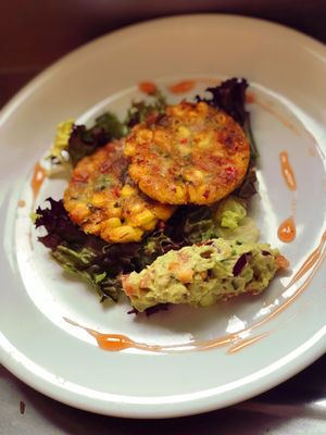 Sweetcorn and chilli cakes  at Drummonds Hotel in Markinch