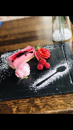 Vegan strawberry/blackcurrant cheesecake  at Drummonds Hotel in Markinch