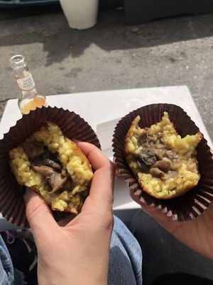 Mushroom arancini (right) eggplant/zucchini/mushroom (left)  at Sfrigola - Corso Calatafimi in Palermo