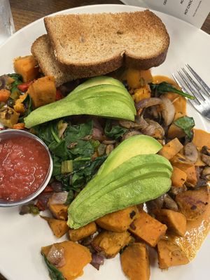 Mushrooms and sweet potato hashh  at Four Friends Kitchen in Denver