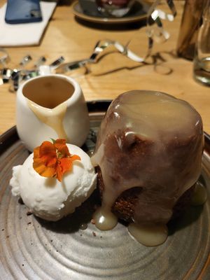 Vegan sticky toffee pudding at The Crown Inn in Broughton
