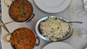 roasted eggplant, lentil curry and fried rice with mushrooms at Bengal Tandoori in Lisbon