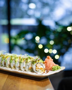 San Remo maki:
spicy tofu, spicy carrot, vegan cream cheese, avocado, sprouts, togarashi at Sushi Panda in Turku