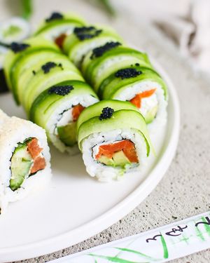 Palermo maki: carrot Lox, cucumber, avocado, vegan cream cheese at Sushi Panda in Turku