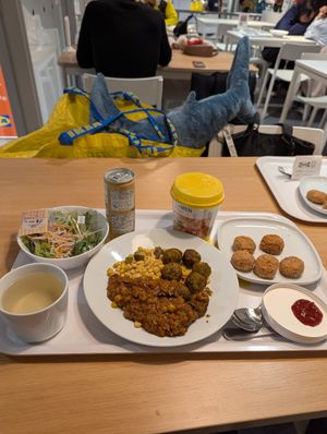 Salad (dressing not vegan), keema curry with veggie balls, plant based karaage, vegan ramen for 99 yen at IKEA in Osaka