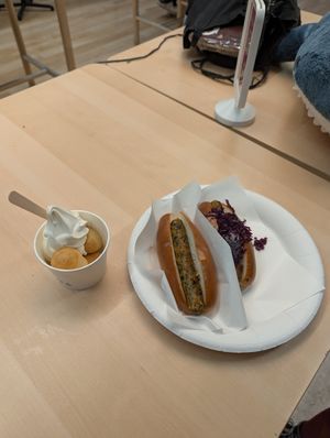 Plant based ice cream with baby castella, hot dogs pre mustard and ketchup at IKEA in Osaka