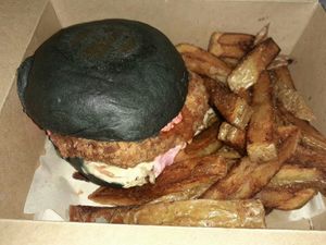 Punk fried chicken burger and chips at Punk Vegan in Leeds