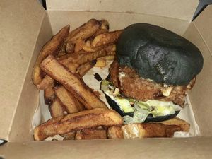Hoisin chicken burger and chips at Punk Vegan in Leeds