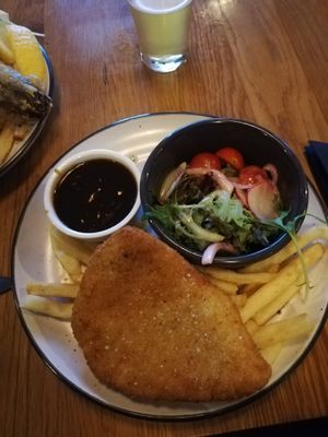 Vegan Schnitzel comes with chips, gravy & salad at The Kent Hotel in Hamilton