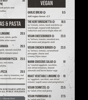 Vegan menu as of July 2022  at The Kent Hotel in Hamilton