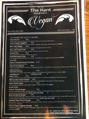 The Kent Hotel Vegan Menu at The Kent Hotel in Hamilton