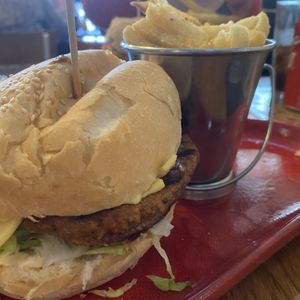 Beef and bacon burger (vegan) at The Kent Hotel in Hamilton