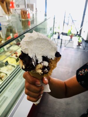 Delicious vegan gelato topped with vegan chocolate and vegan whipped cream 😲😍 at Gelateria Brivido in Rome