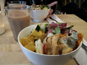 daily bowl with chai tea  at Tushita in Munich