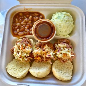 The jackfruit sliders with potato salad and baked beans at 24 Karrots Cafe in Kilgore