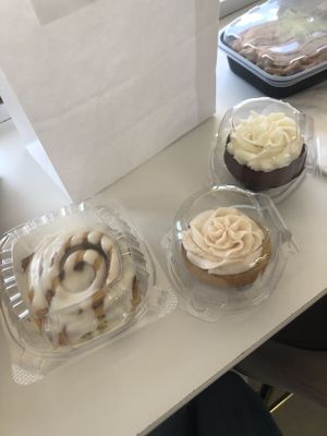 Cinnamon roll, strawberry cupcake, red velvet cupcake at 24 Karrots Cafe in Kilgore