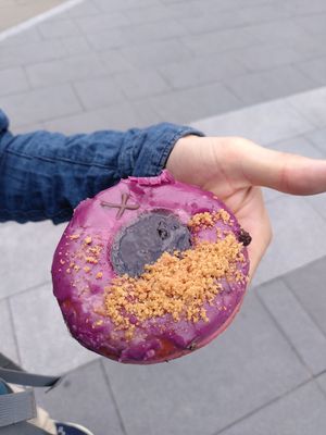 Delicious blueberry crumble vegan doughnut at Crosstown Doughnuts - Kings Cross Market in North London