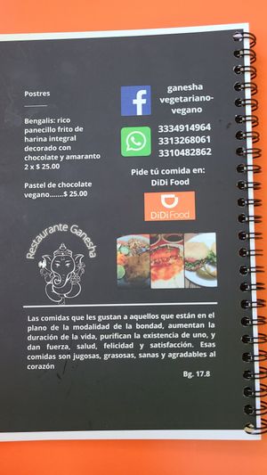 Menu at Ganesh in Guadalajara