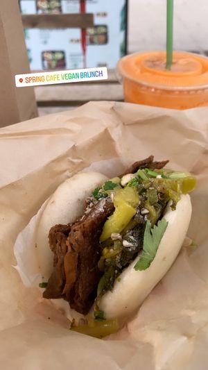 Steamed Bao Bun with braised tofu and a Simple Fresh Juice. Delicious! 💫  at Spring Cafe in New York City