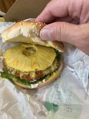 Hawaiian vegan burger (not sure why this has vegan in its name; everything here is fully vegan)  at Spring Cafe in New York City