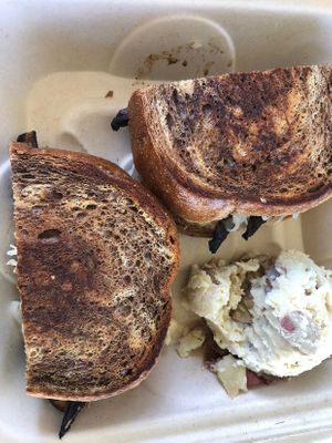 Reuben with potato salad at Leaf & Lentil in Sarasota