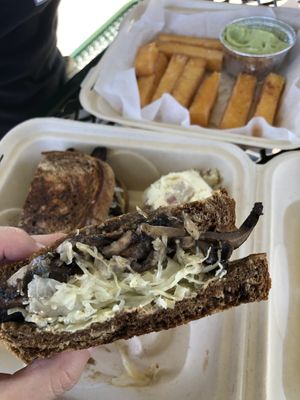 Reuben with potato salad. Polenta fries with avocado creama  at Leaf & Lentil in Sarasota