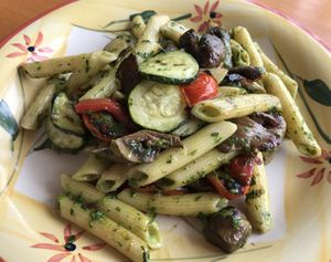 Yummy Veggie Pasta with arugula pesto.  at Leaf & Lentil in Sarasota