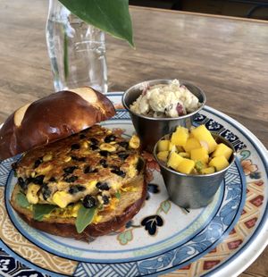 Vegan House Made Veggie Burger with Mango Salsa! at Leaf & Lentil in Sarasota