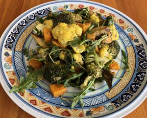 Our Roasted Vegetable Salad w/scallion vinaigrette - perfect summer lunch! at Leaf & Lentil in Sarasota