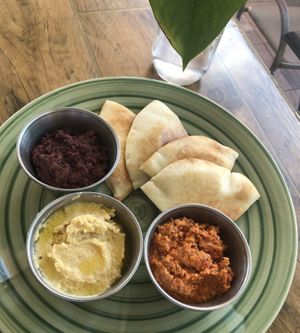 Trio with Hummus, Olive Tapenade, and Muhamarra (roasted red pepper and walnut dip)  at Leaf & Lentil in Sarasota