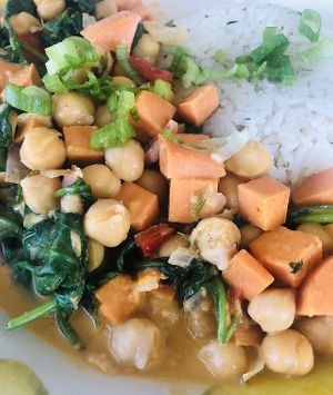 Curried Chickpeas w/ Spinach, Yams, Onions, Garlic, & Jasmine Rice.   at Leaf & Lentil in Sarasota