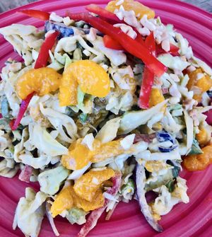 New Salad w/oil free dressing! Vegan Mandarin Peanut Salad w/Coconut Dressing! Crispy, Sweet, Tangy, my new fav! at Leaf & Lentil in Sarasota