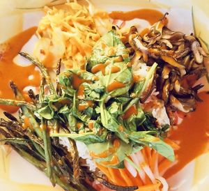 Korean Inspired Rice Plate w/Roasted Veggies, Picked Daikon & Carrots, Spicy Cabbage - Vegan and delicious   at Leaf & Lentil in Sarasota