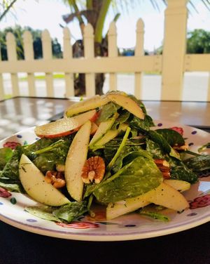 Spinach, Apples, Pecans, Red Onions, Herbs, and a delicious oil-free Dressing   at Leaf & Lentil in Sarasota
