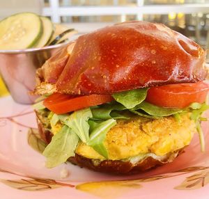 Falafel Spiced Veggie Burger w/Charred Scallion Sauce! at Leaf & Lentil in Sarasota