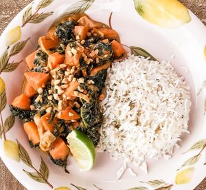 African groundnut stew with sweet potatoes, kale, and a delicious savory sauce. at Leaf & Lentil in Sarasota